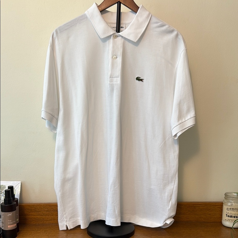 Lacoste US XXL FR 7, White Polo Shirt Classic Design Short Sleeves, Like New